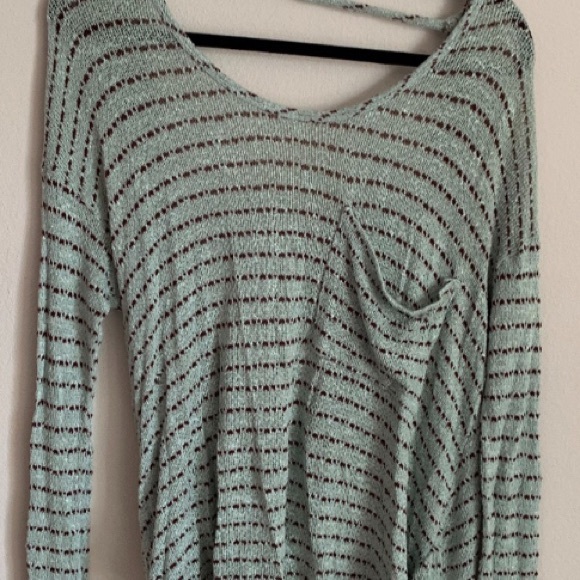Free People Green Striped Drape Back Sweater  Open Back Hacci Top - Picture 6 of 15
